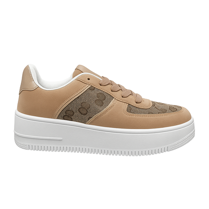 Beige dame sneakers med monogrammønster og hvid plateau sål