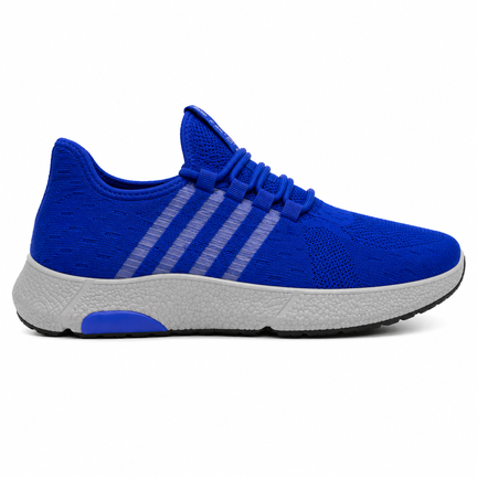 Blå letvægts sneaker med åndbar tekstiloverdel, stribedetaljer og lysegrå komfortsål vist i profil på hvid