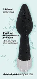 Intim douche med sort silikone analplug og gevind til badeslange – 5 vandudgange
