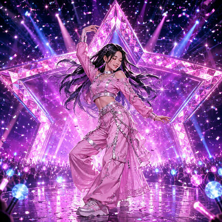 Kvadratisk K-pop sukkerprint med pink danser foran glitrende stjerne og neonlys