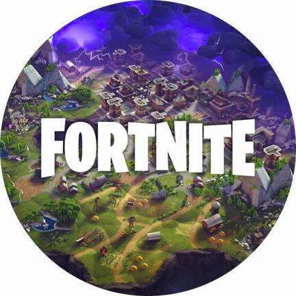 Rundt Fortnite sukkerprint med logo over et farverigt landskabskort