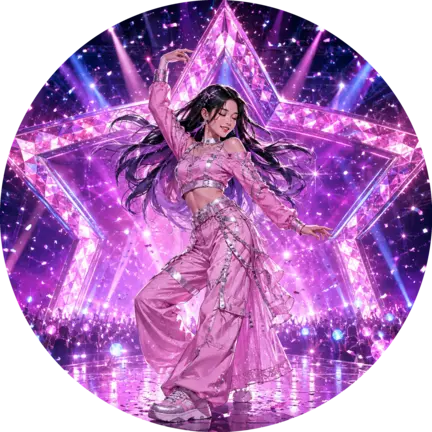 Rundt K-pop sukkerprint med pink danser foran glitrende stjerne og neonlys
