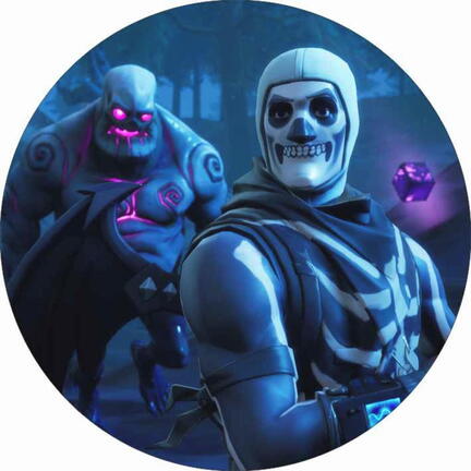 Rundt Fortnite sukkerprint med blå skeletkrigere i mørkt landskab