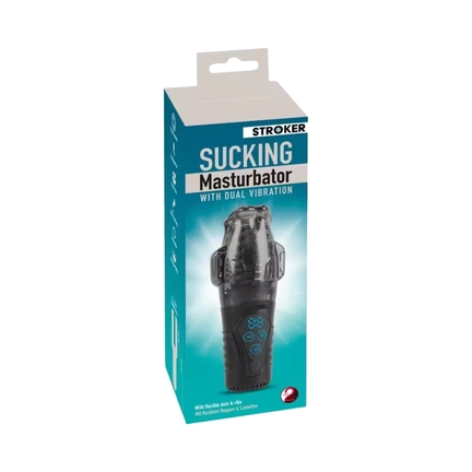 Sucking Masturbator med dobbelt vibration og sugfunktion i sort design.