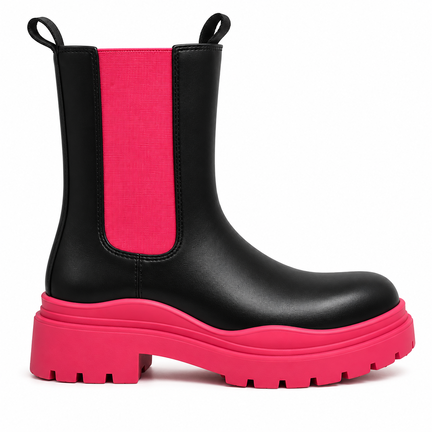 Chelsea-boot i sort med pink elastik og plateau sål