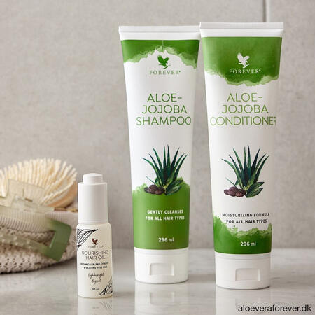 Aloe-Jojoba Shampoo, Aloe-Jojoba Condtioner og Nourishing Hair Oil fra Forever Living