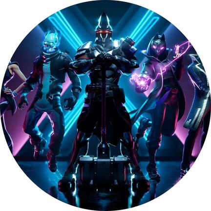 Rundt Fortnite sukkerprint med iskonge og mørke helte i blåt lys
