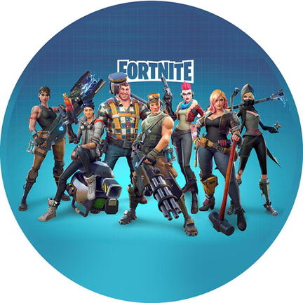 Rundt Fortnite sukkerprint med farverigt heltehold på blå baggrund