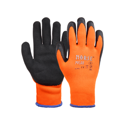 Et billede af Norse Polar arbejdshandsker i sort og orange, ideelle til brug under vinter vejrforhold. Disse handsker kombinerer stil med funktion for at opfylde professionelle behov.