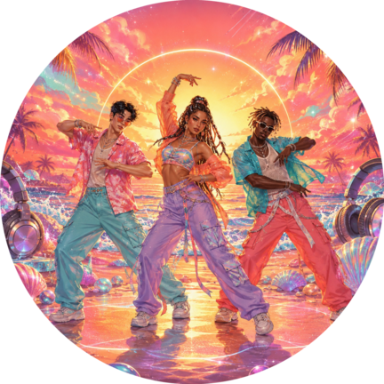 Rundt K-pop sukkerprint med tre dansere, palmer og farverig solnedgang
