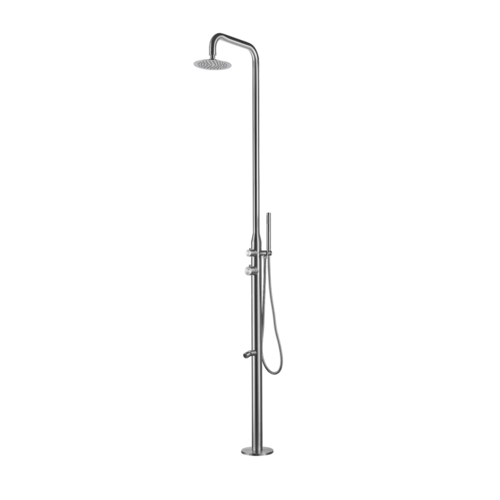 Fritstående udendørs bruser med håndbruser i børstet stål - koldt & varmt vand