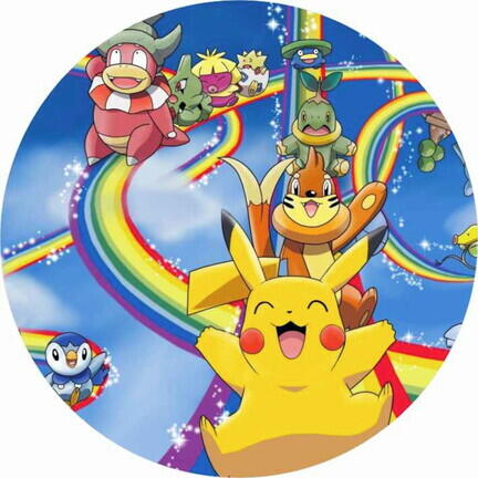 Pokémon-inspireret rundt kageprint med farverigt regnbue motiv
