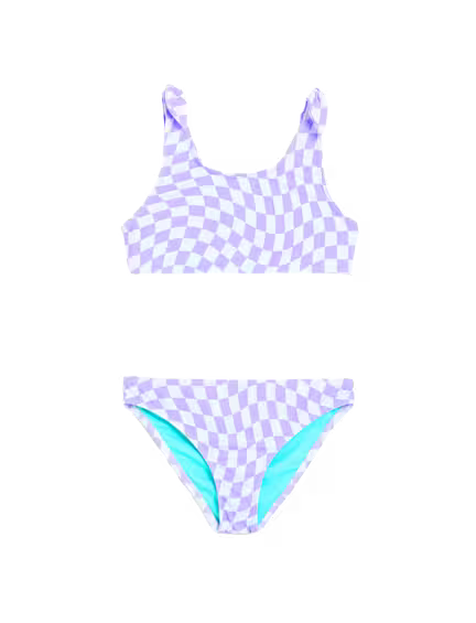 Denne skakbræt-bikini er perfekt til eventyr på vandet og poolen. Toppen har rund halsudskæring og bindedetaljer på stropperne. Stoffet er klorresistent for længere levetid og har UPF 50+ Sun Smart-teknologi, der hjælper med at beskytte huden. Anbefalet a