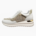 Beige dame sneaker med vævet tweed, gulddetaljer og platform sål