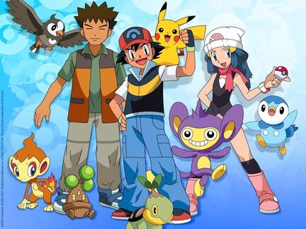 Pokémon sukkerprint med Ash, Pikachu og venner på blå baggrund til kage og børnefødselsdag.