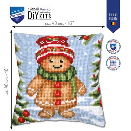 Vervaco DIY broderikit – Gingerbread Guy pude (ca. 40 x 40 cm) med ingefærkagemand, vist med belgisk kvalitetsmærke og produktinfo.