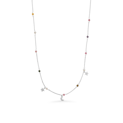 Starlight Necklace - Farverig perle halskæde med måne og stjerne vedhæng i 925 sterling sølv