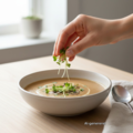 Alfalfa-mikrogrønt drysses over en cremet suppe