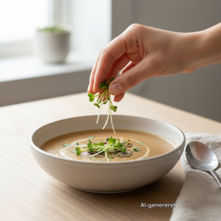 Alfalfa-mikrogrønt drysses over en cremet suppe