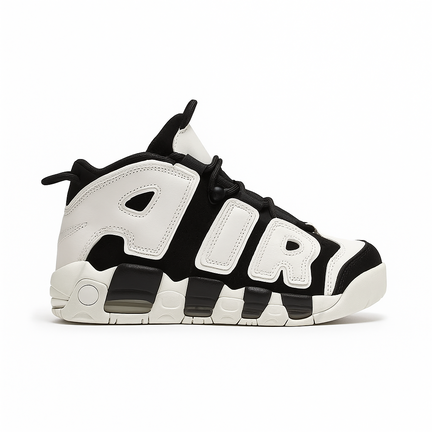 Opdag denne sorte og hvide højtskaftede sneaker med iøjnefaldende AIR-bogstaver og støddæmpende luftpude. Komfort møder statement-stil.