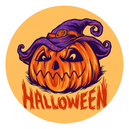 Rundt Halloween sukkerprint med vred orange jack-o'-lantern i lilla heksehat og den synlige tekst HALLOWEEN
