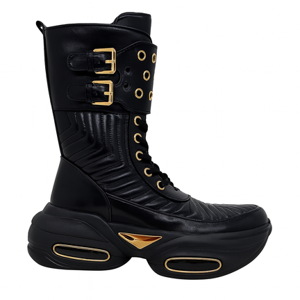 Sort høj chunky støvle til dame med gulddetaljer og kraftig sål