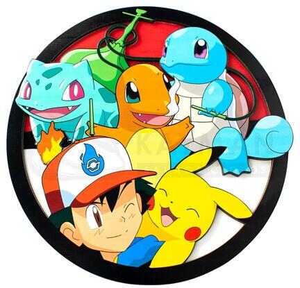 Pokémon-inspireret rundt kageprint med klassisk vennemotiv