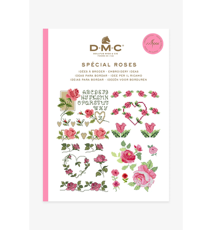 forside paa bog fra dmc med broderimoenstre med en masse rosemotiver