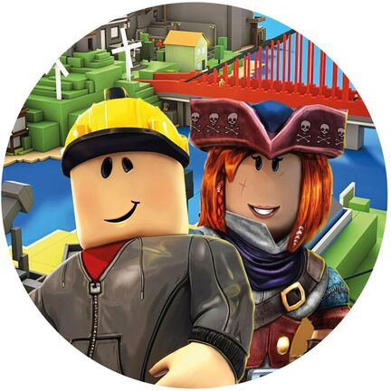Rundt Roblox sukkerprint med bygger og pirat i farverig spilverden