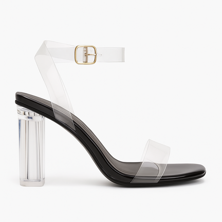 Transparent sandal med klare plastikstropper og gennemsigtig blokhæl –