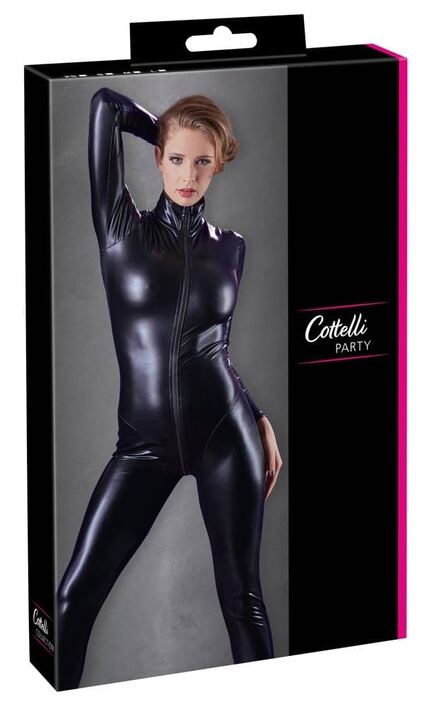 Sort wetlook catsuit med lynlås foran – onesize