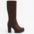 Brun knælang støvle med ribbet strik skaft og chunky hæl
