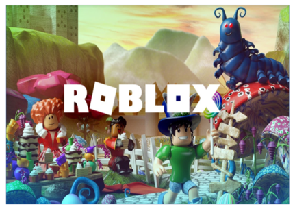 Roblox A3 kageprint med figurer, is, slikkepinde, kager og blåt fantasidyr i farverigt slikland