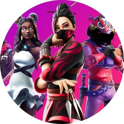 Rundt Fortnite sukkerprint med rød ninjaheltinde og heltehold