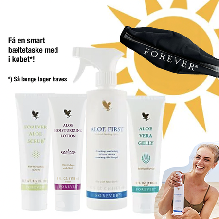 Forever Summer Kit med Aloe Scrub, Aloe Moisturizing Lotion, Aloe First, Aloe Vera Gelly ogbæltetaske