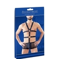 Svenjoyment Pants and Harness – sort powernet-sæt med semitransparente bukser, mikrofiberpose og justerbart brystharness med sølvfarvede trykknapper.