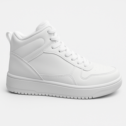 Hvid high-top damesneaker i kunstlæder med snørebånd og gummisål