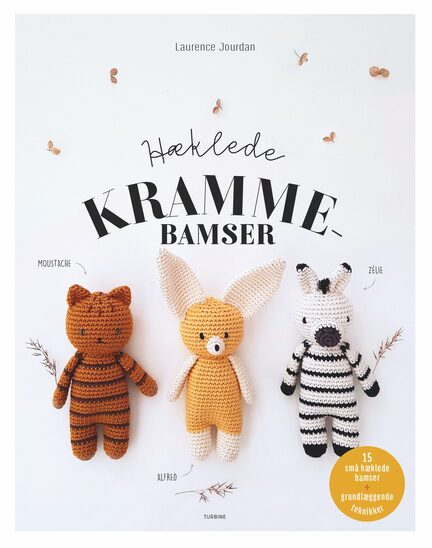 forside paa bogen haeklede krammebamser af Laurence Jourdan med 3 dyr paa forsiden