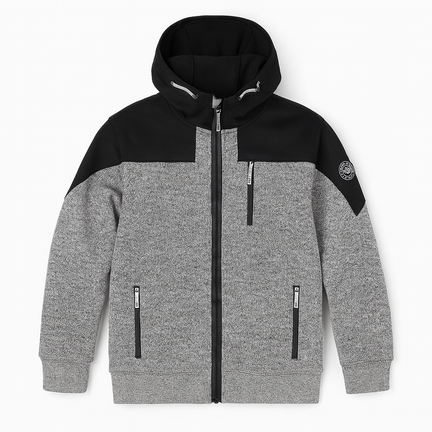 Grå og sort fleecejakke med hætte og lynlåslommer – varm, åndbar og praktisk