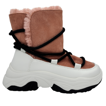 Lyserød vinterstøvle med faux fur, sorte elastiske snørebånd og hvid chunky sål – dame
