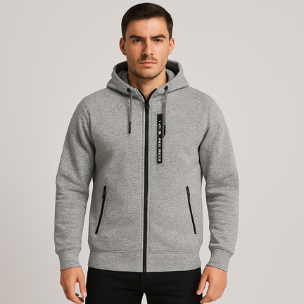 lysegrå meleret herrejakke med hætte og lynlåse på mandlig model