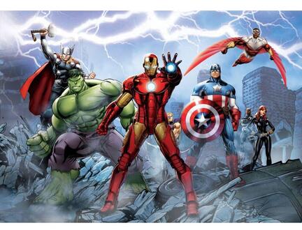 Stort A3-kageprint med Avengers-helte i kamp under lyn på en dramatisk actionbaggrund