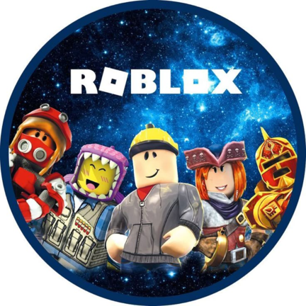 Rundt Roblox sukkerprint med fem figurer på blå stjernehimmel
