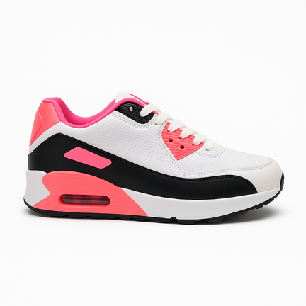 Hvid sneaker med pink og sorte detaljer i sporty design
