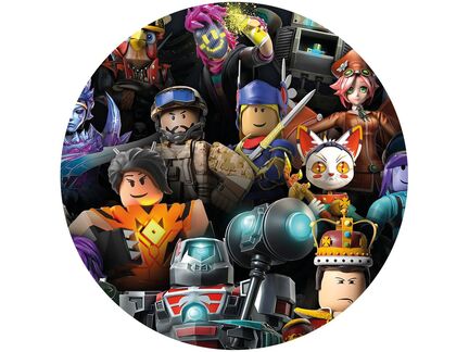 Rundt Roblox sukkerprint med farverige helte, robotter og fantasifigurer på mørk baggrund