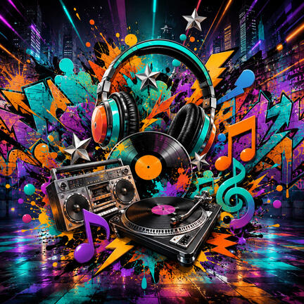 Kvadratisk K-pop sukkerprint med DJ-pult, hovedtelefoner, vinyl og farverig graffiti