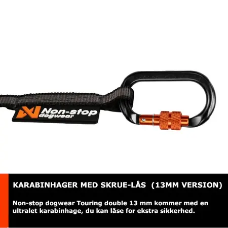 Non-stop dogwear Touring Double 13 mm med en ultralet karabinhage, du kan låse for ekstra sikkerhed.