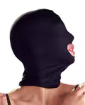 Bad Kitty Naughty Toys Black Head Mask – sort tætsiddende fetishmaske i stretchmateriale med mundåbning, unisex, ideel til bondage og dominansleg.