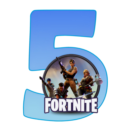 Rundt Fortnite sukkerprint med blåt 5-tal og heltegruppe