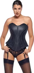 Black Level Leather Corset – sort lammeskindskorset med snøring bagpå, lynlås foran og aftagelige strømpeholdere, kromfrit garvet, luksus fetish design.